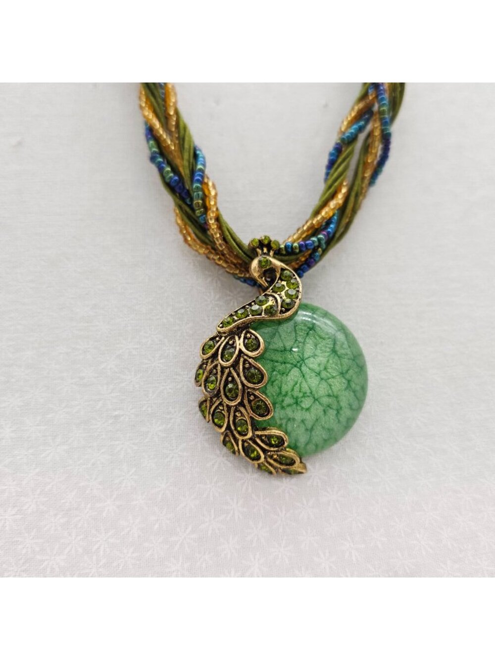 Peacock Pendant Necklace Multi-Strand Beaded Cord & Green Acrylic Accent